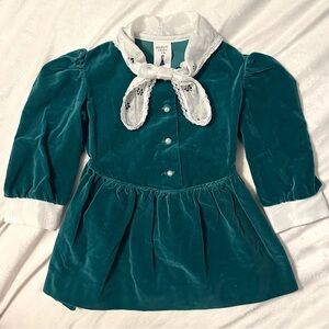 Vintage Miss Quality Teal White Velvet Dress 2T Girls Eyelet Lace Tie Toddler